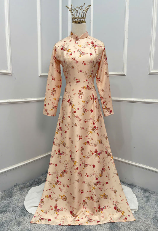 H358 1639 Áo only - Áo dài lụa ánh sao thiết kế màu da hoa dây