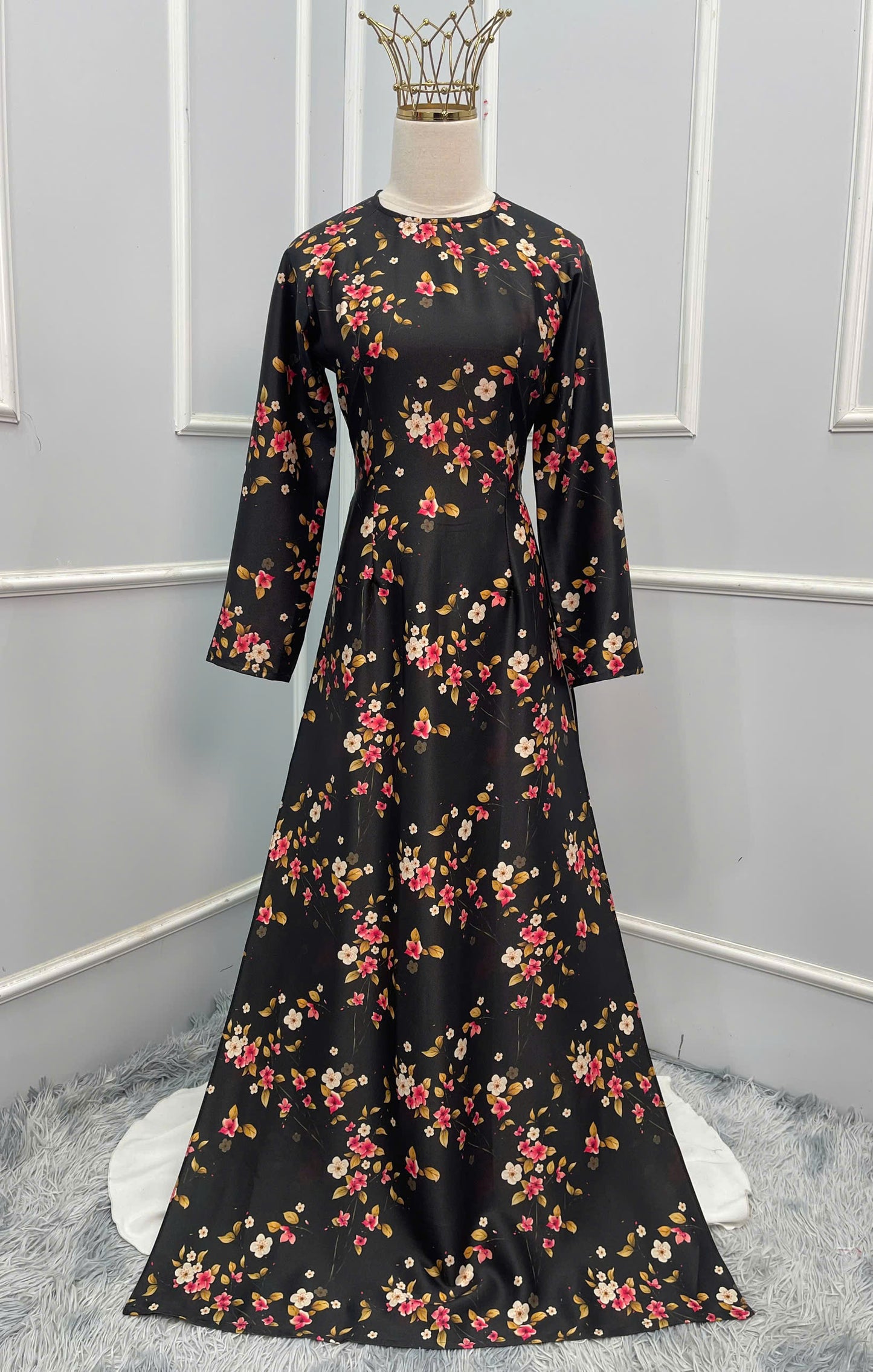 H353 1634 Áo only - Áo dài lụa hoa đen