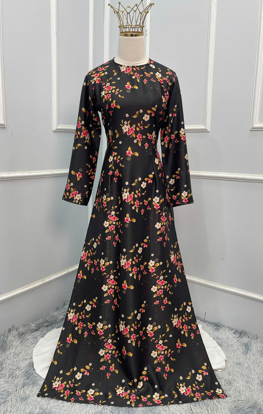 H353 1634 Áo only - Áo dài lụa hoa đen