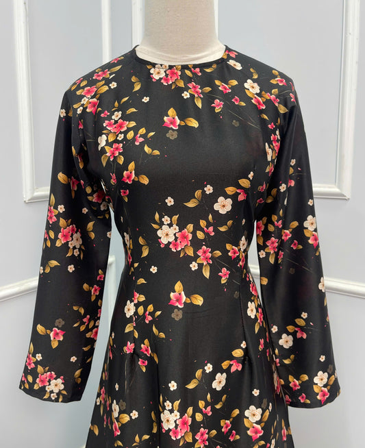 H353 1634 Áo only - Áo dài lụa hoa đen