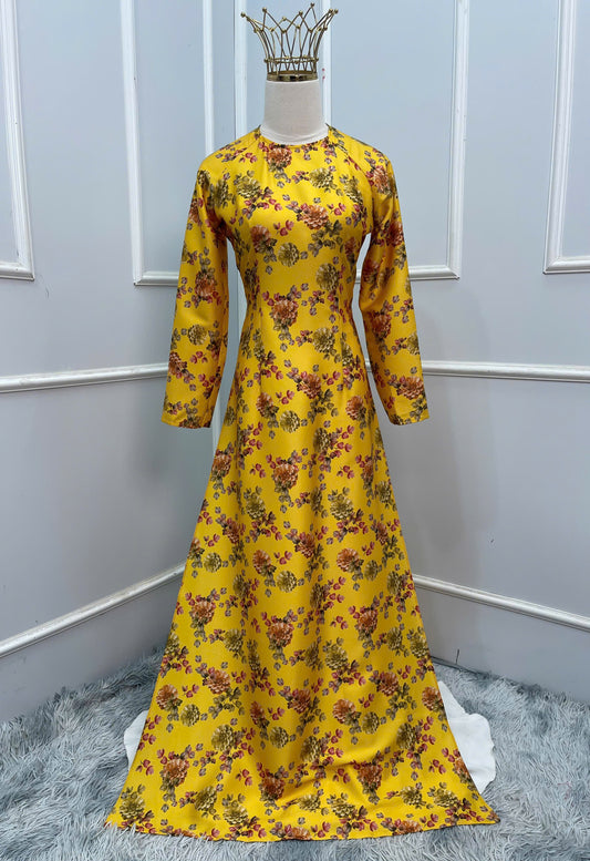 H355 1636 Áo only - Áo dài lụa ánh sao thiết kế màu vàng