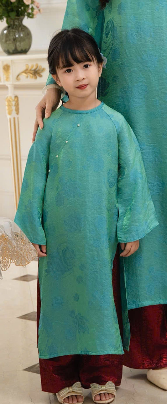 BG64 1725 Áo + quần - Áo dài bé gái lụa tencel màu xanh + quần nhũ