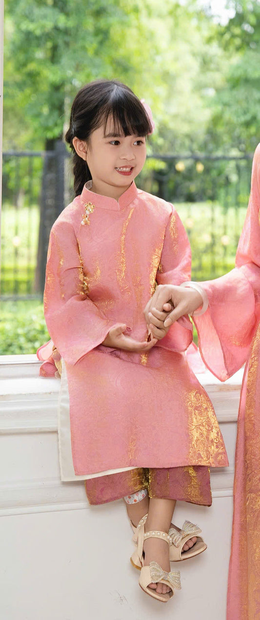 BG66 1727 Áo + quần - Áo dài bé gái lụa tencel màu hồng + quần