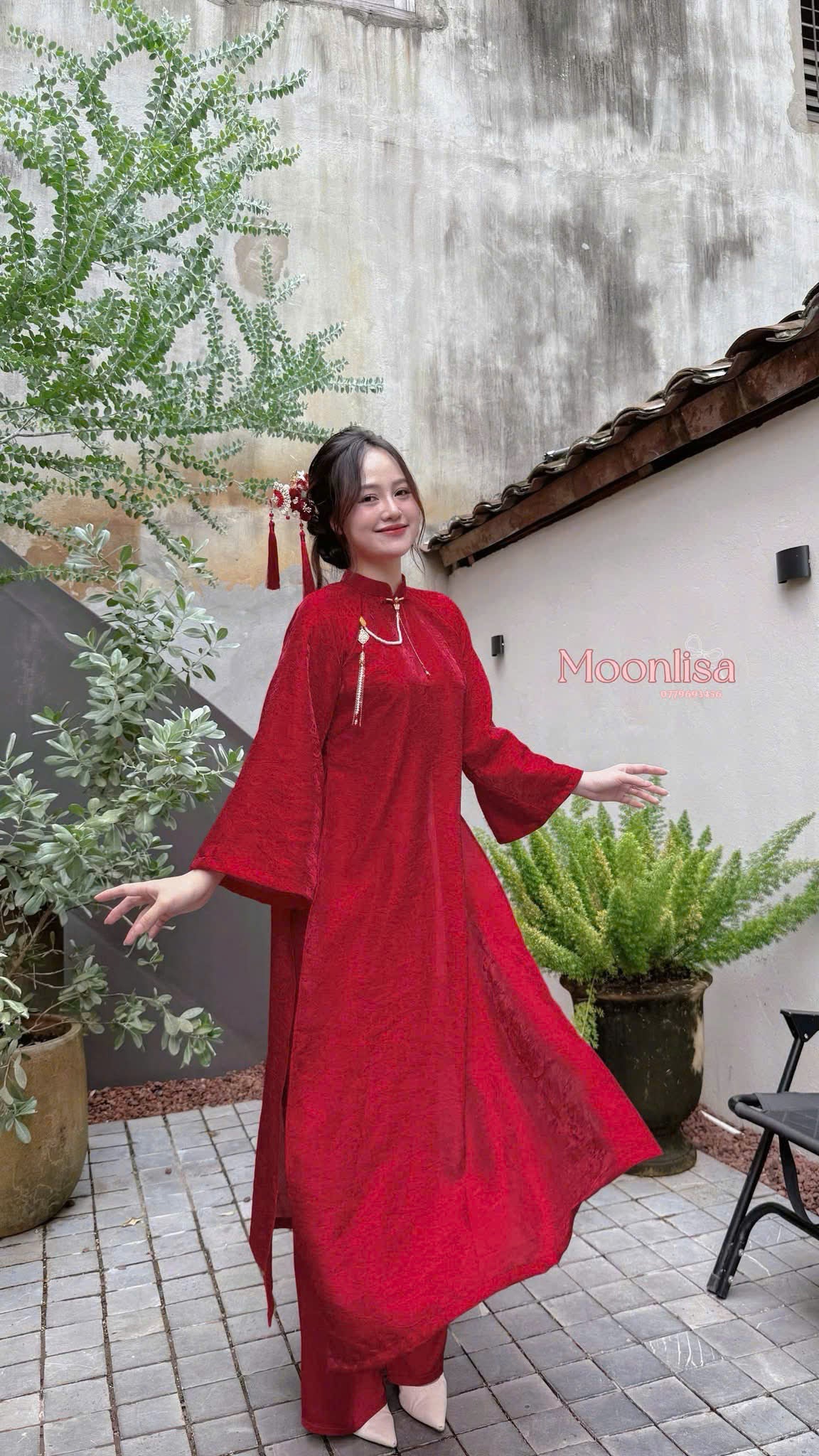 T620 1653 Áo only - Áo dài cách tân dáng suông tơ tencel ánh kim màu đỏ