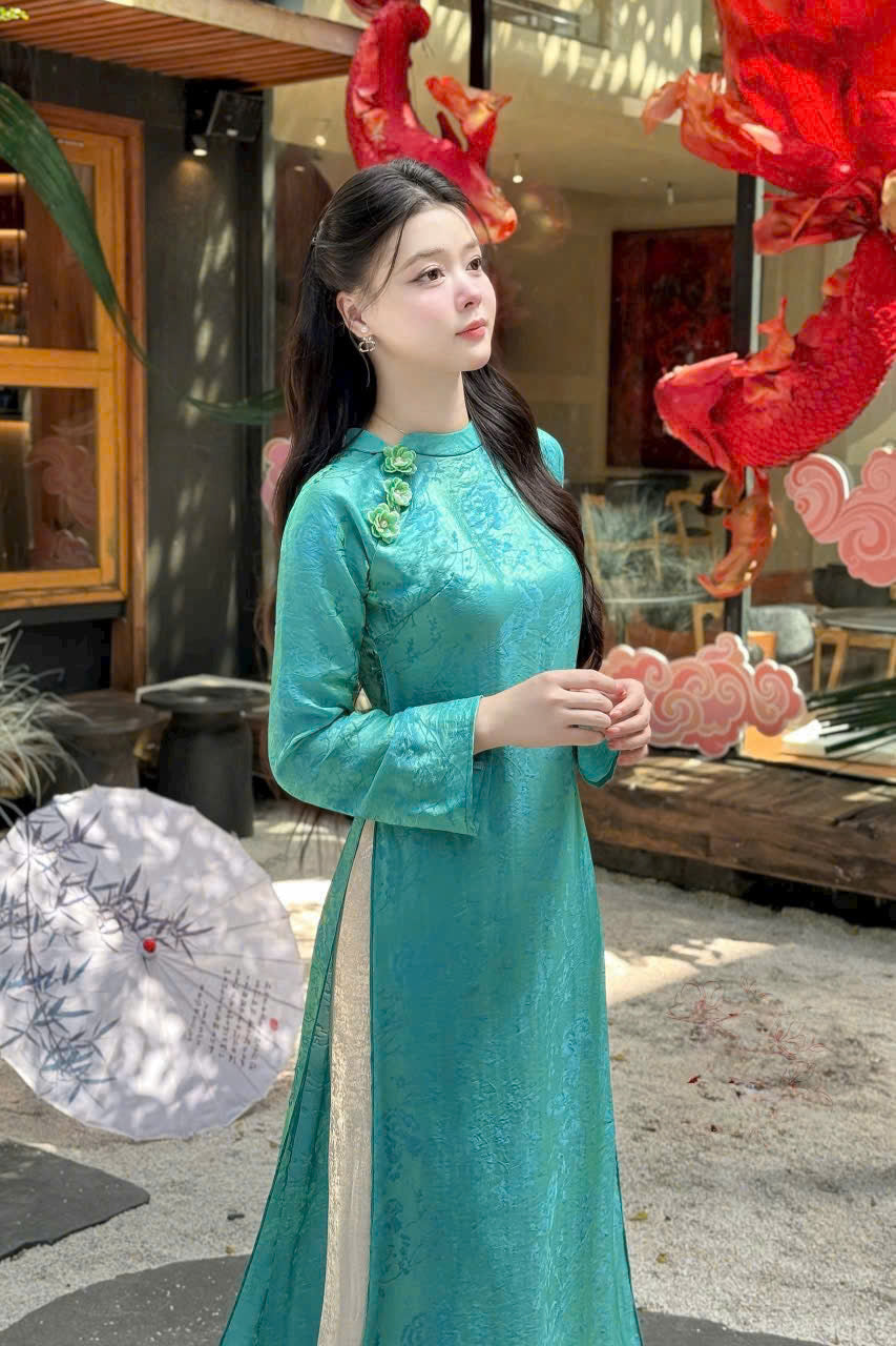 TA13 Áo only no pants - Áo dài dáng suông tằm ánh kim tencel Vân Thư xanh