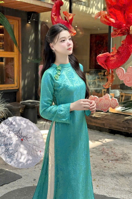 TA13 5493 Áo only no pants - Áo dài dáng suông tằm ánh kim tencel Vân Thư xanh