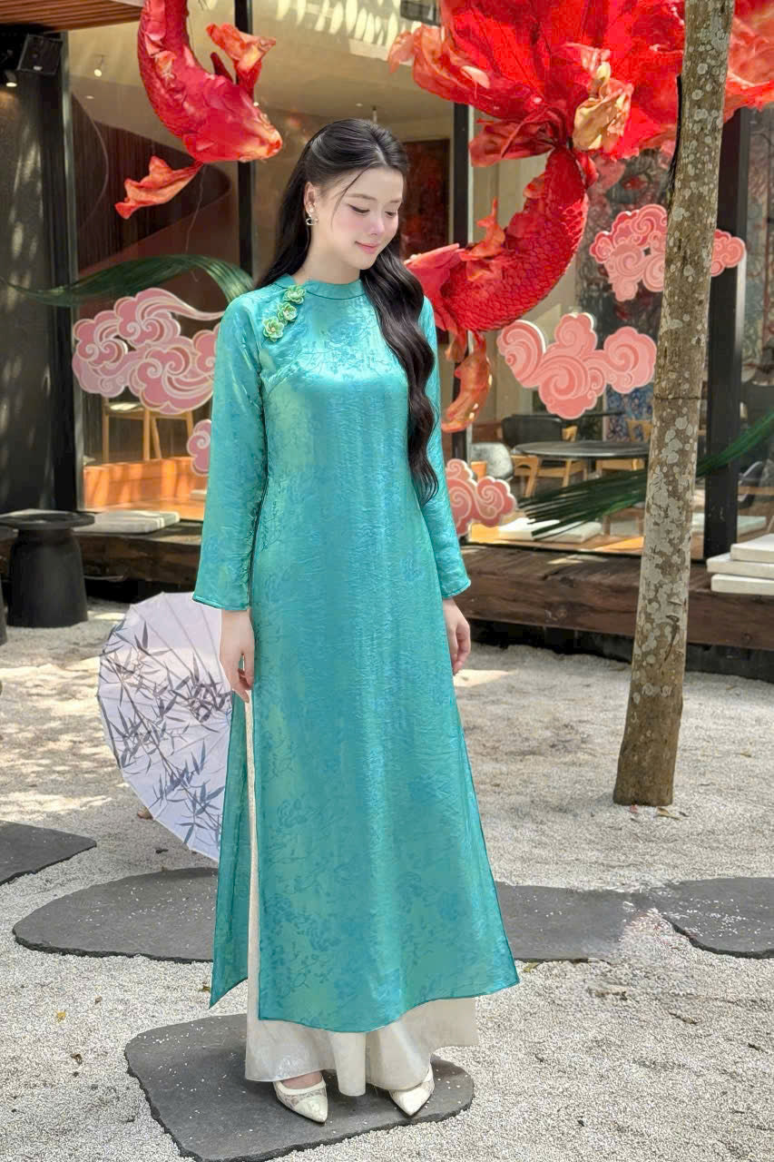 TA13 Áo only no pants - Áo dài dáng suông tằm ánh kim tencel Vân Thư xanh