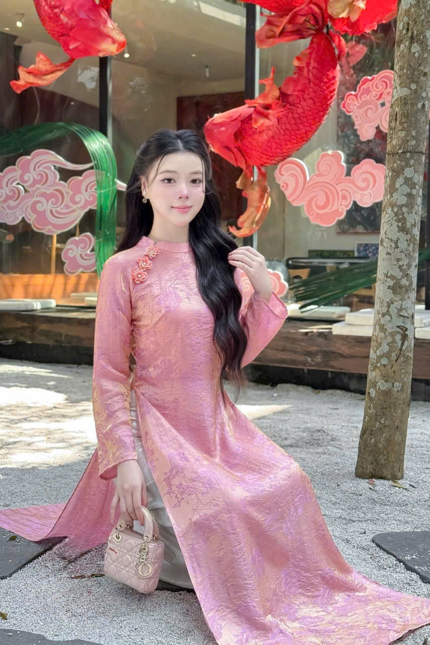TN52 - Áo dài tằm ánh kim tencel Vân Thư hồng
