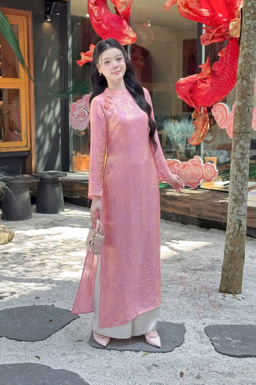 TN52 - Áo dài tằm ánh kim tencel Vân Thư hồng
