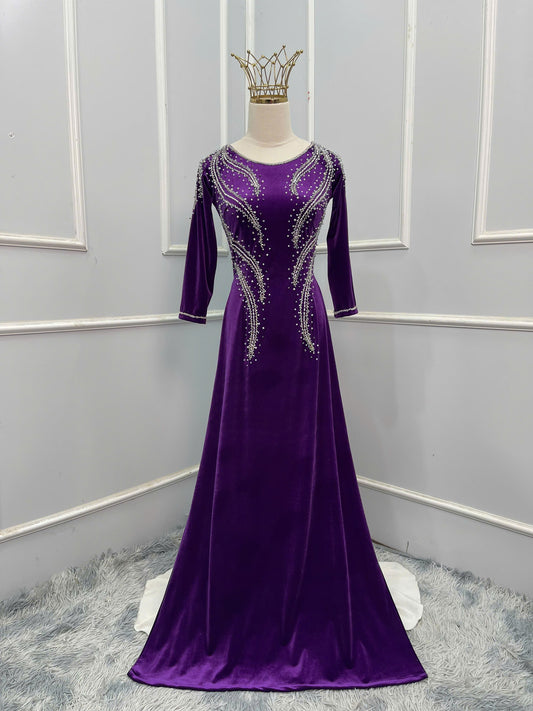 H393 1687 Áo only - Áo dài nhung đính kết màu tím huế