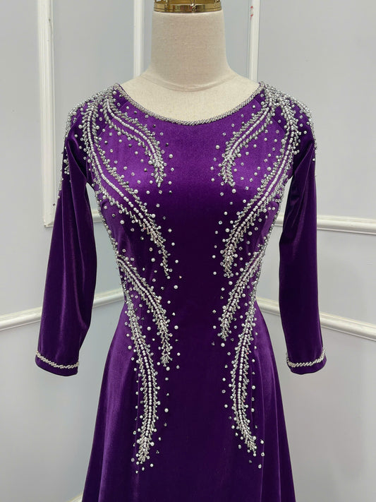 H393 1687 Áo only - Áo dài nhung đính kết màu tím huế