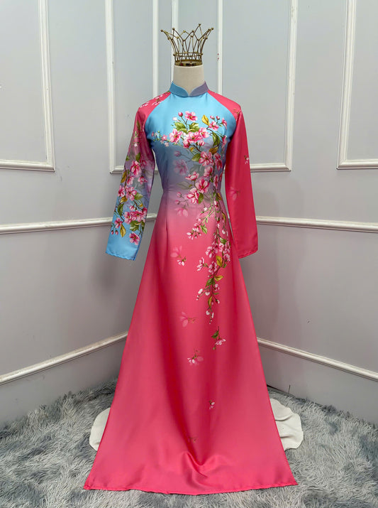 H380 1674 Áo only - Áo dài lụa ánh sao thiết kế màu hồng phối xanh