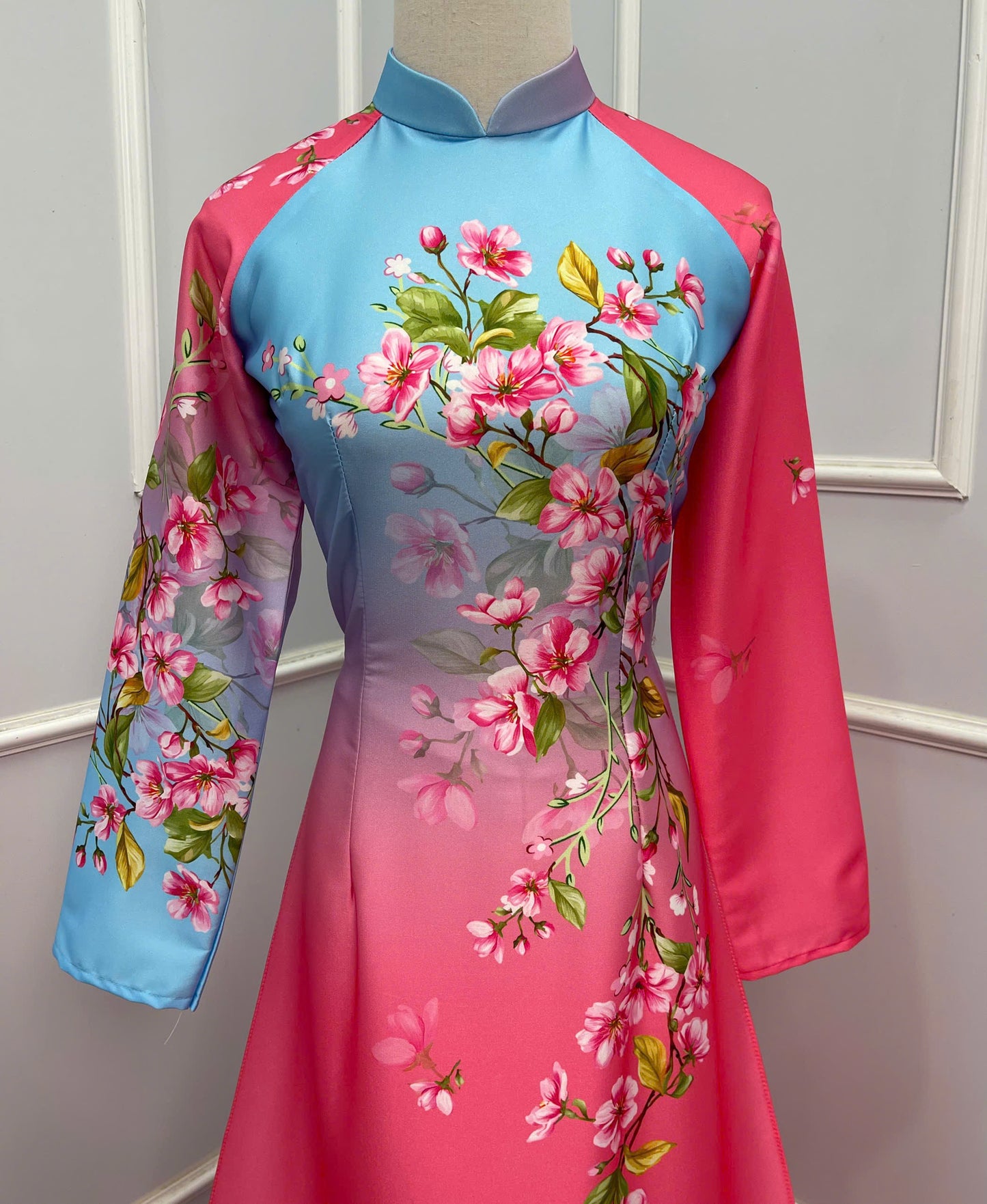 H380 1674 Áo only - Áo dài lụa ánh sao thiết kế màu hồng phối xanh