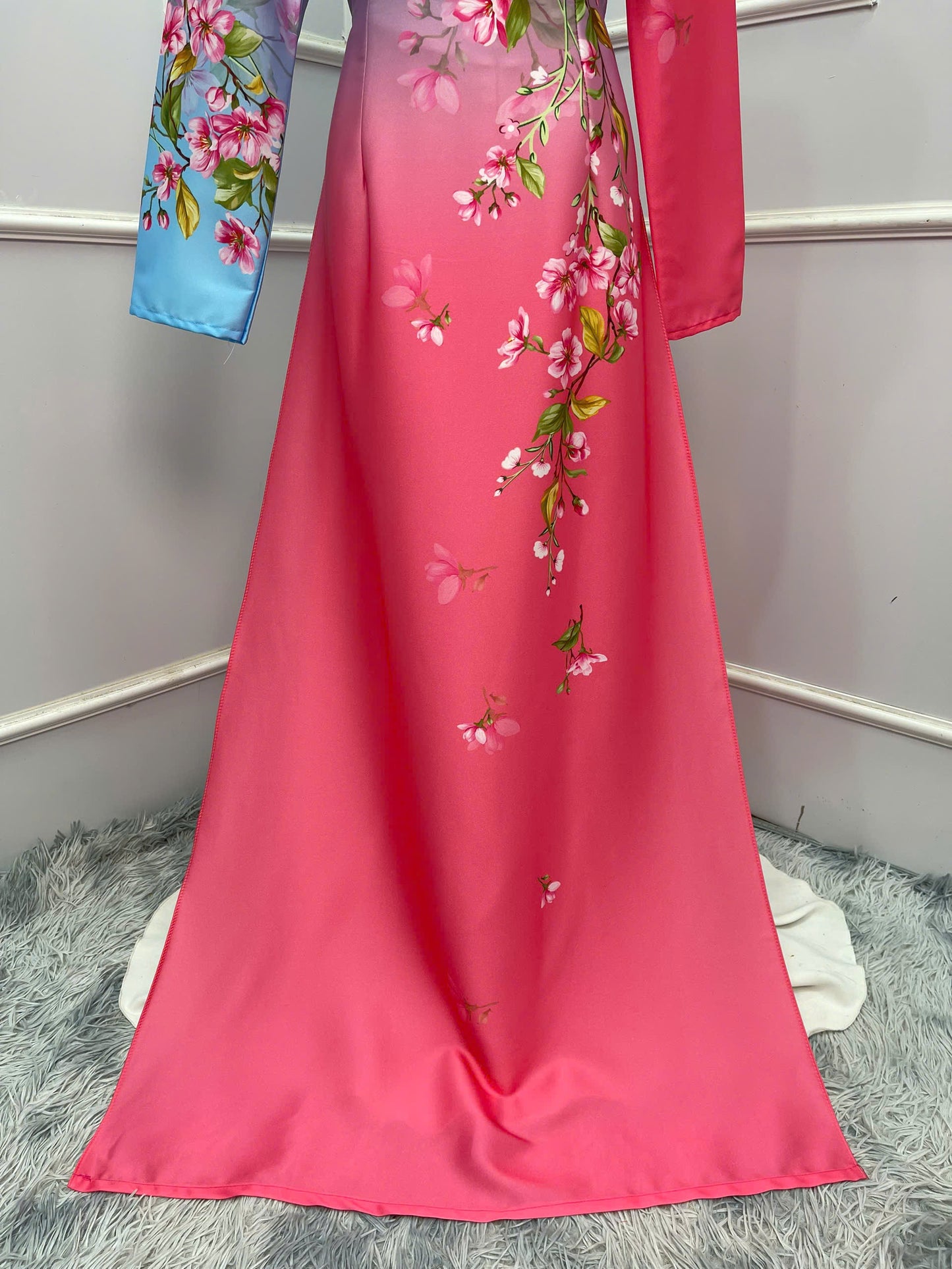 H380 1674 Áo only - Áo dài lụa ánh sao thiết kế màu hồng phối xanh