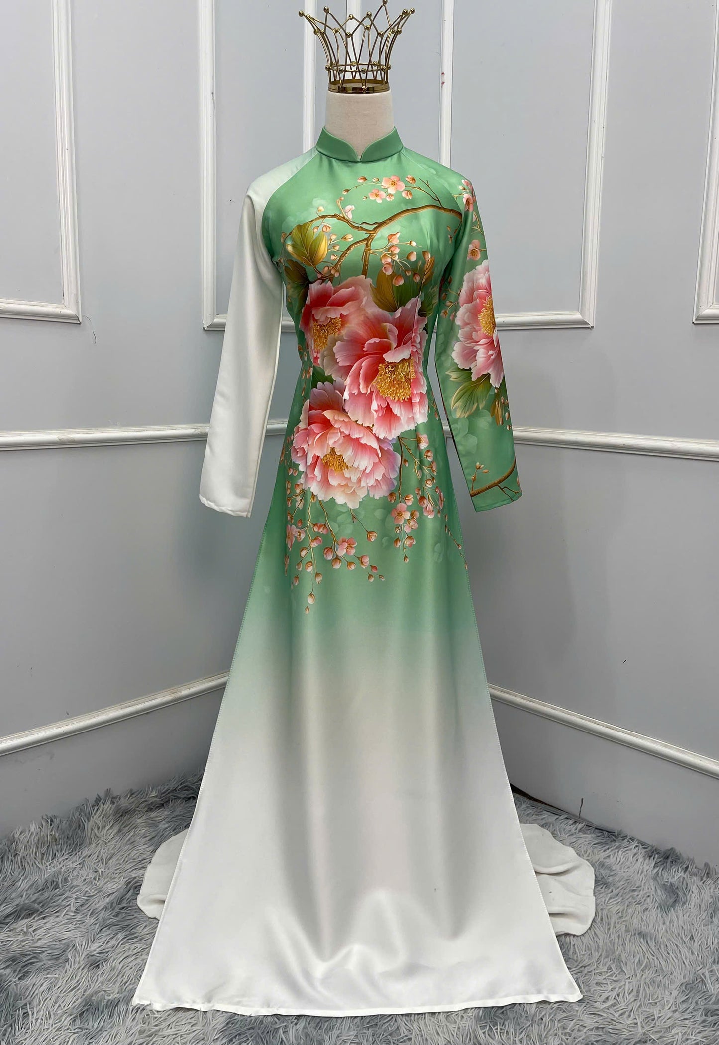 H382 1676 Áo only - Áo dài lụa ánh sao thiết kế màu trắng xanh