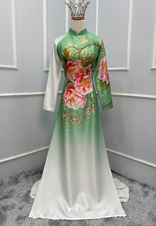 H382 1676 Áo only - Áo dài lụa ánh sao thiết kế màu trắng xanh