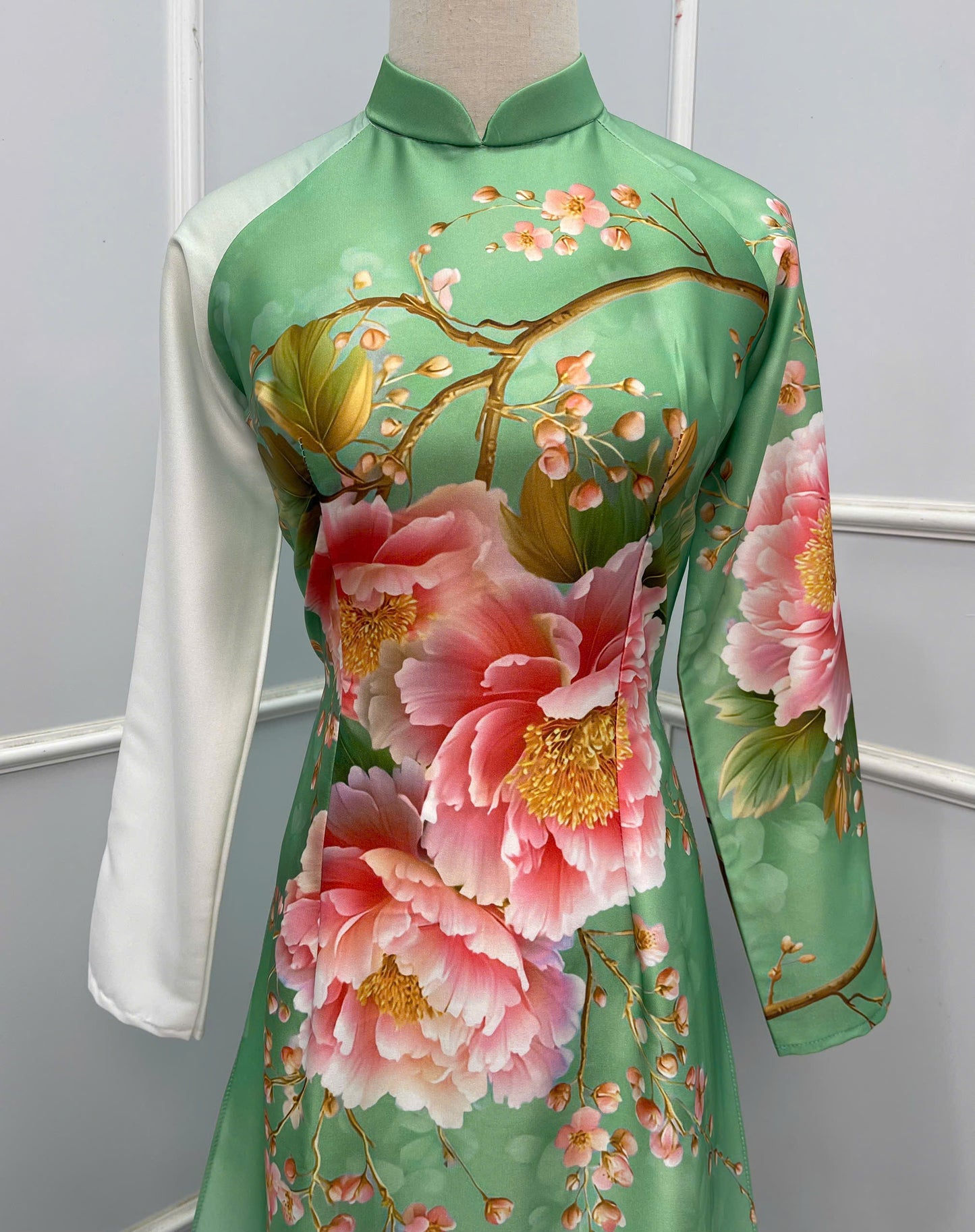 H382 1676 Áo only - Áo dài lụa ánh sao thiết kế màu trắng xanh