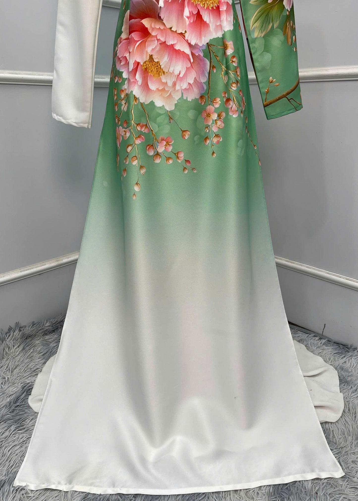 H382 1676 Áo only - Áo dài lụa ánh sao thiết kế màu trắng xanh