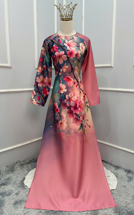 H383 1677 Áo only - Áo dài lụa ánh sao thiết kế phối màu in hoa