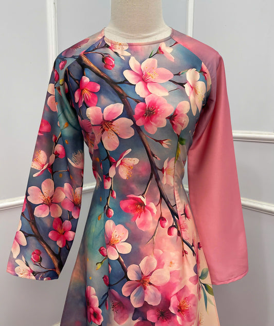 H383 1677 Áo only - Áo dài lụa ánh sao thiết kế phối màu in hoa