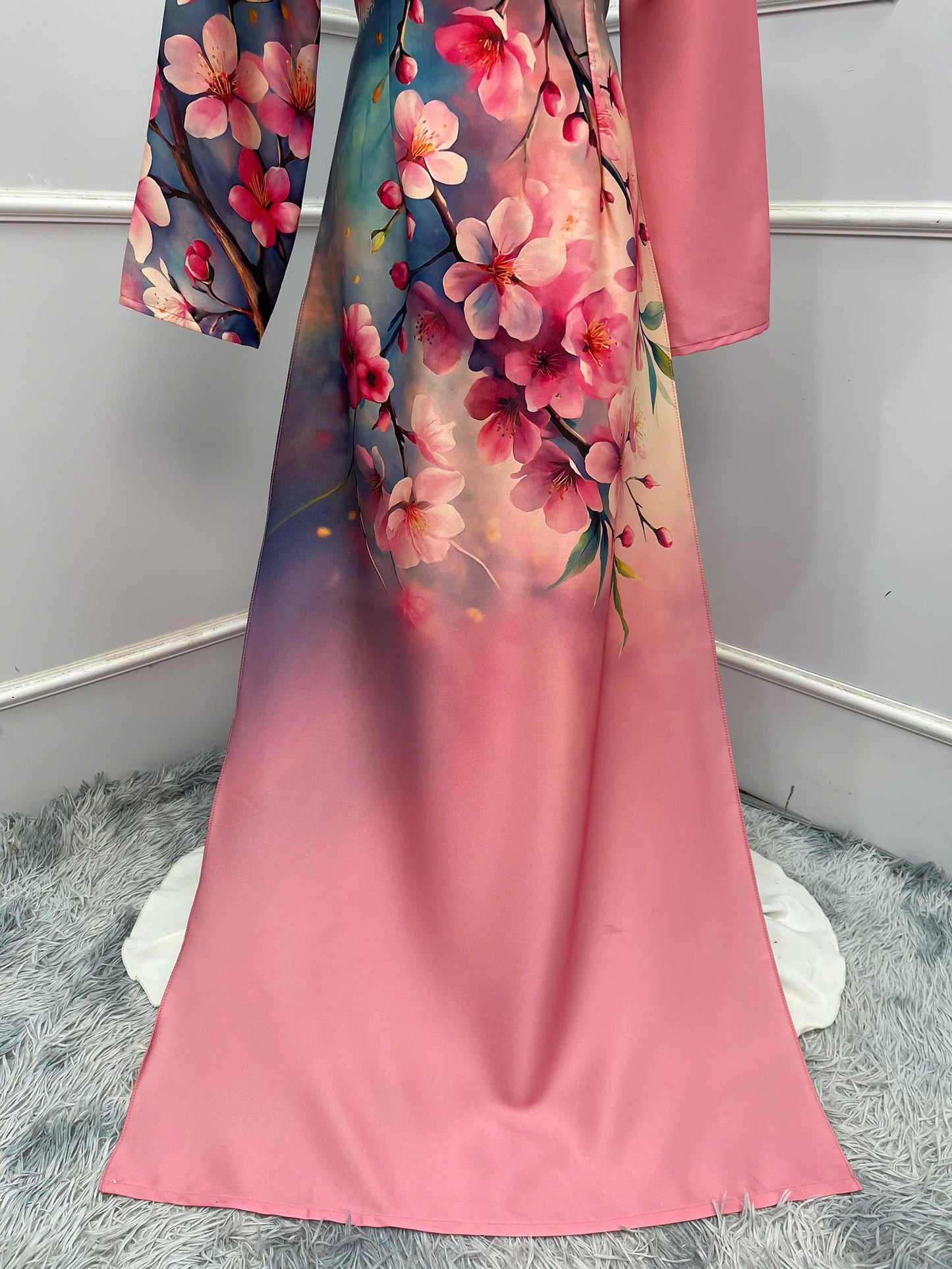 H383 1677 Áo only - Áo dài lụa ánh sao thiết kế phối màu in hoa