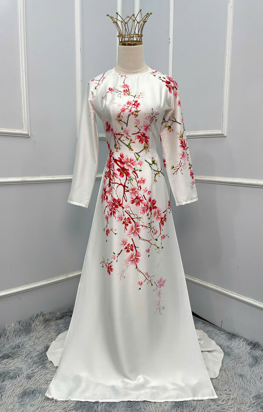 H399 1693 Áo only - Áo dài lụa ánh sao thiết màu trắng hoa đào