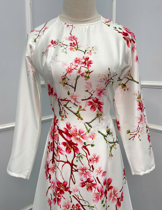 H399 1693 Áo only - Áo dài lụa ánh sao thiết màu trắng hoa đào