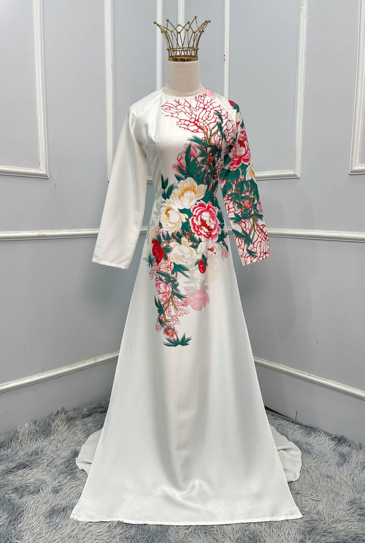 H391 1685 Áo only - Áo dài lụa ánh sao thiết kế hoa trắng