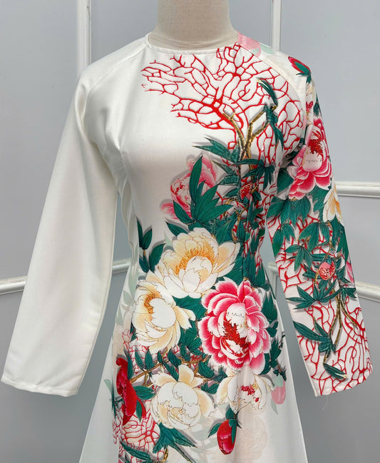 H391 1685 Áo only - Áo dài lụa ánh sao thiết kế hoa trắng