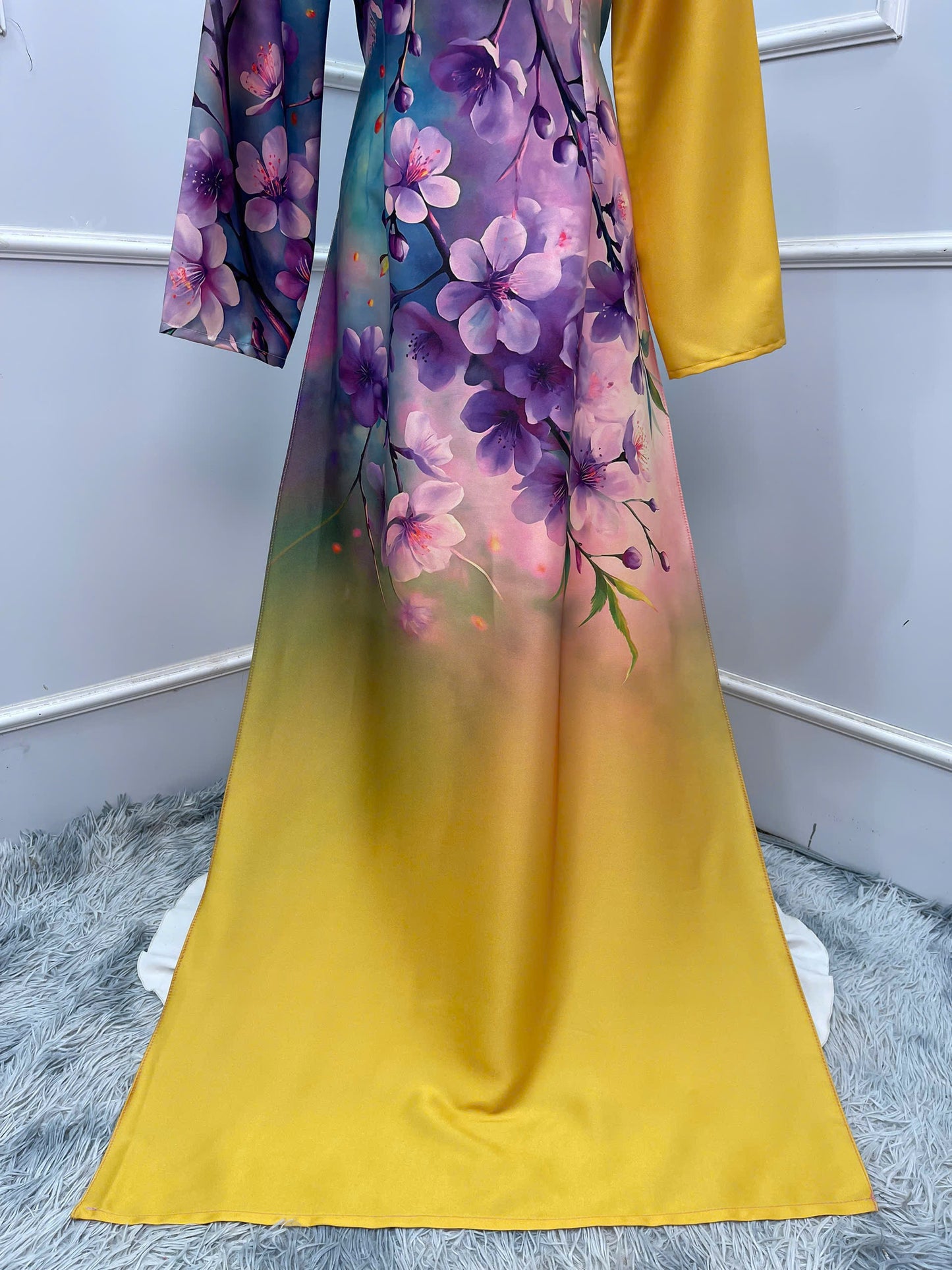 H390 1684 Áo only - Áo dài lụa ánh sao thiết kế hoa vàng