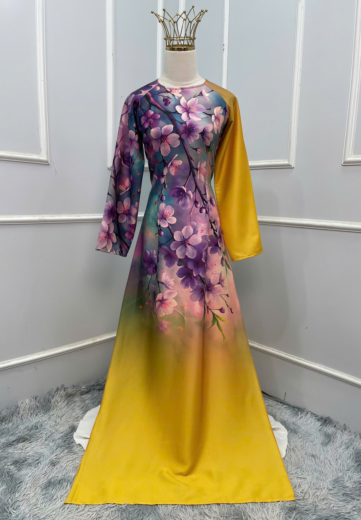 H390 1684 Áo only - Áo dài lụa ánh sao thiết kế hoa vàng