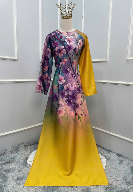 H390 1684 Áo only - Áo dài lụa ánh sao thiết kế hoa vàng