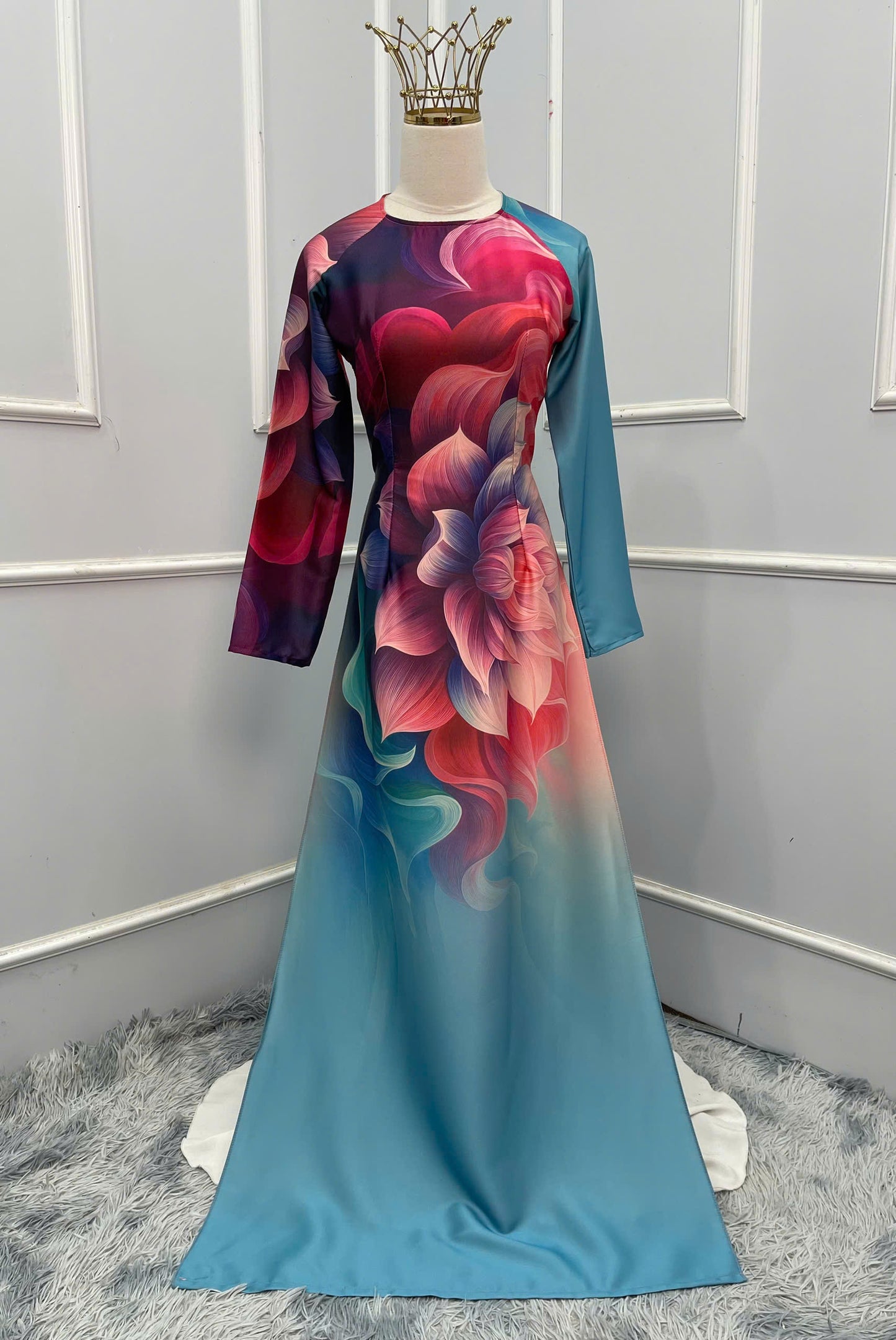 H389 1683 Áo only - Áo dài lụa ánh sao thiết kế màu xanh thiên thanh phối màu in hoa