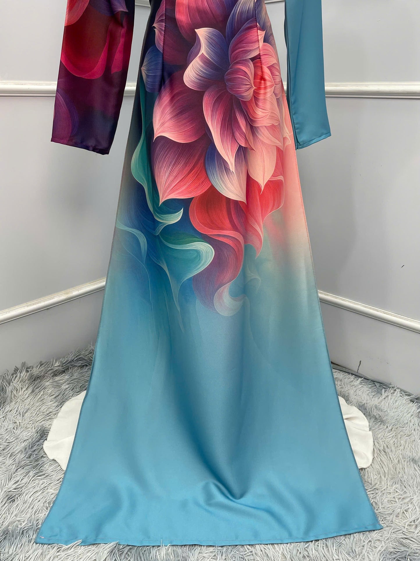 H389 1683 Áo only - Áo dài lụa ánh sao thiết kế màu xanh thiên thanh phối màu in hoa