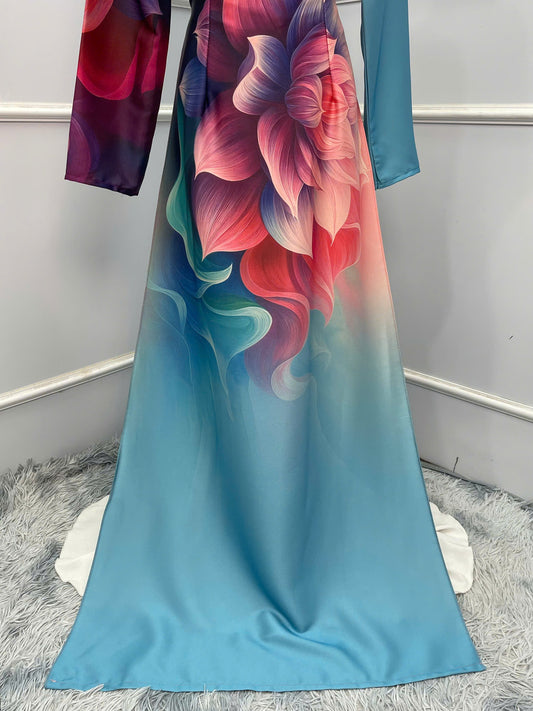 H389 1683 Áo only - Áo dài lụa ánh sao thiết kế màu xanh thiên thanh phối màu in hoa