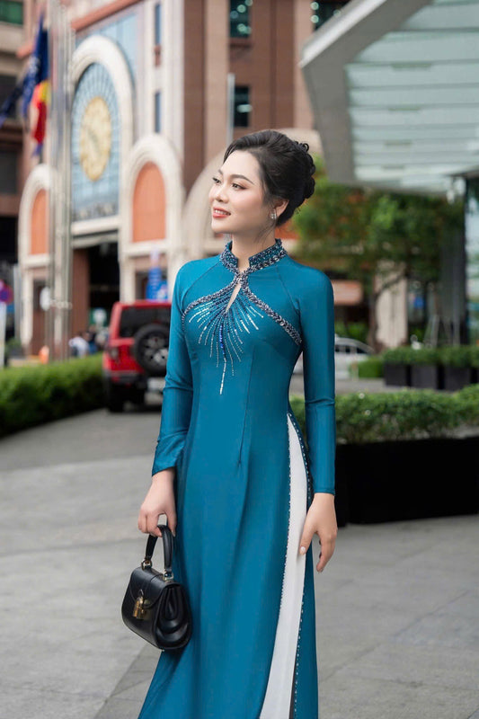 S249 3979 Áo only - Áo dài lụa valentino thiết kế đính kết