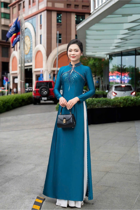 S249 3979 Áo only - Áo dài lụa valentino thiết kế đính kết