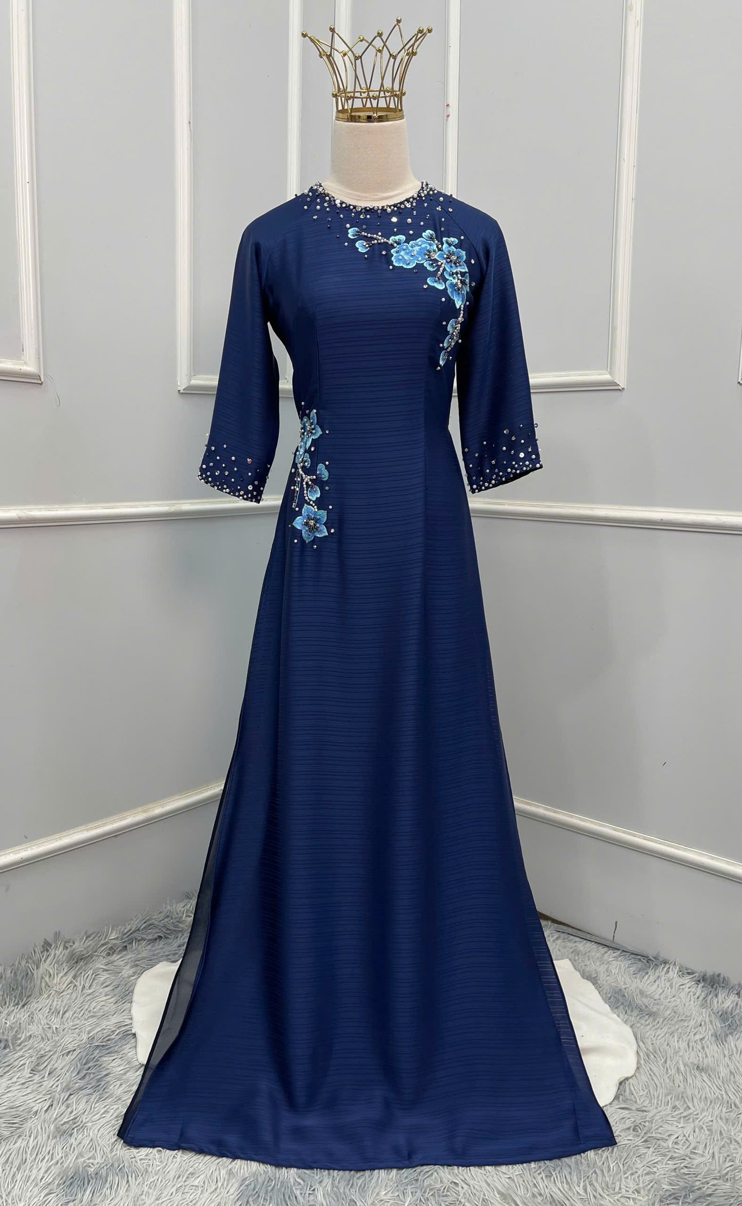 S235 1720 Áo only - Áo dài lụa ánh nguyệt 4 tà màu xanh than