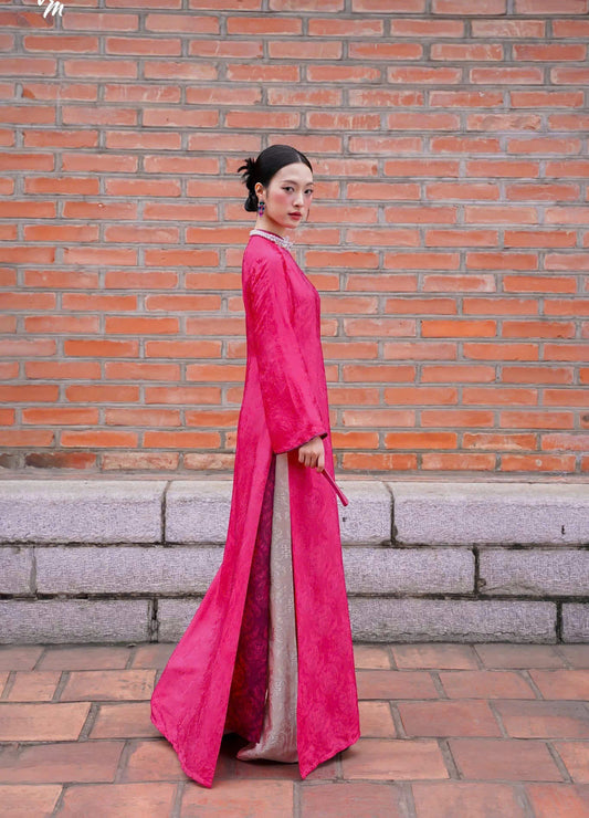 HD09 1709 Áo + quần - Áo dài lụa Hà Đông màu hồng sen + quần