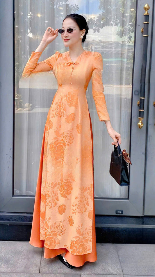 H362 1643 Áo only - Áo dài lụa gấm cổ tim màu cam