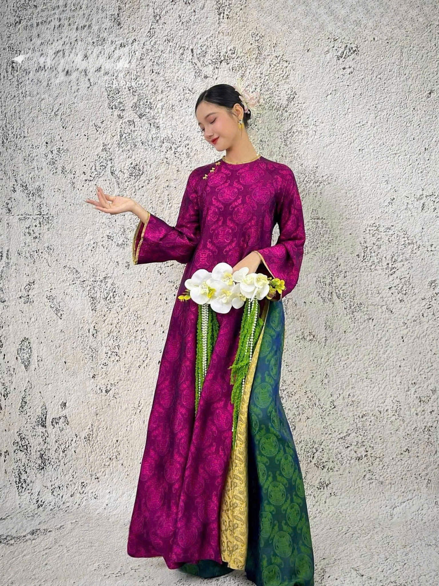 HD14 3567 Áo + quần - Áo dài lụa Hà Đông màu tím + quần xanh lá