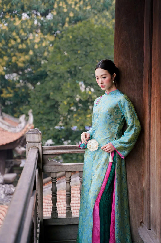 HD12 1711 Áo + quần - Áo dài lụa Hà Đông dáng suông màu xanh lá + quần