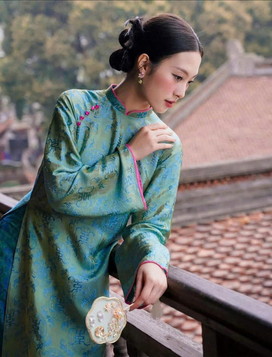 HD12 1711 Áo + quần - Áo dài lụa Hà Đông dáng suông màu xanh lá + quần