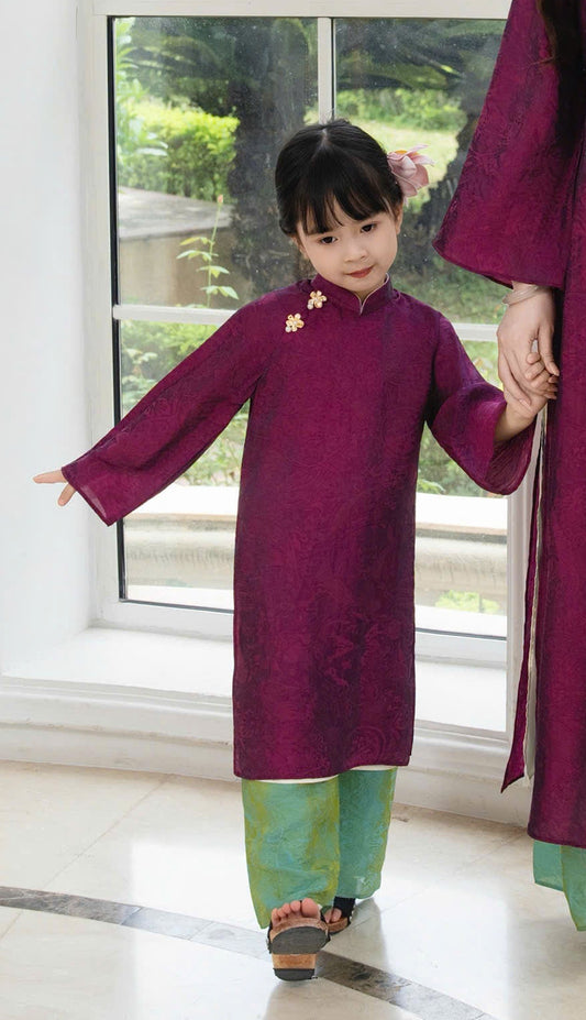 BG65 1726 Áo + quần - Áo dài bé gái lụa tencel màu củ dền + quần