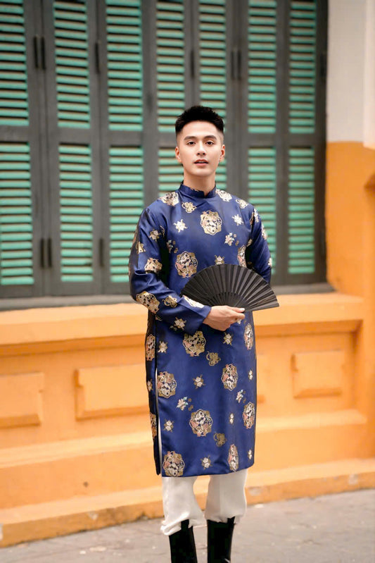 B115 1738 Áo only - Áo dài bố gấm xanh dương