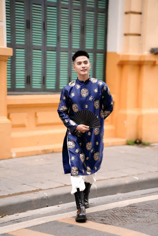 B115 1738 Áo only - Áo dài bố gấm xanh dương