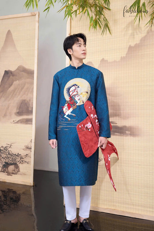 B117 1760 Áo only - Áo dài bố lụa gấm thêu ngựa màu xanh dương