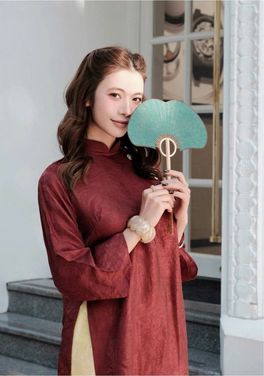 H476 1928 Áo only - Áo dài cách tân dáng suông 2 tà tằm ánh kim màu đỏ đô