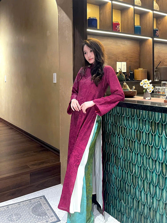 M270 1957 Áo + quần tằm xanh - Áo dài dáng suông tằm ánh kim tencel 4 tà màu tím cẩm