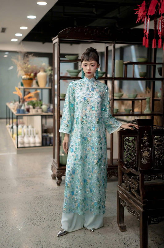 H532 2328 Only áo - Áo dài kimsa màu xanh da trời bling